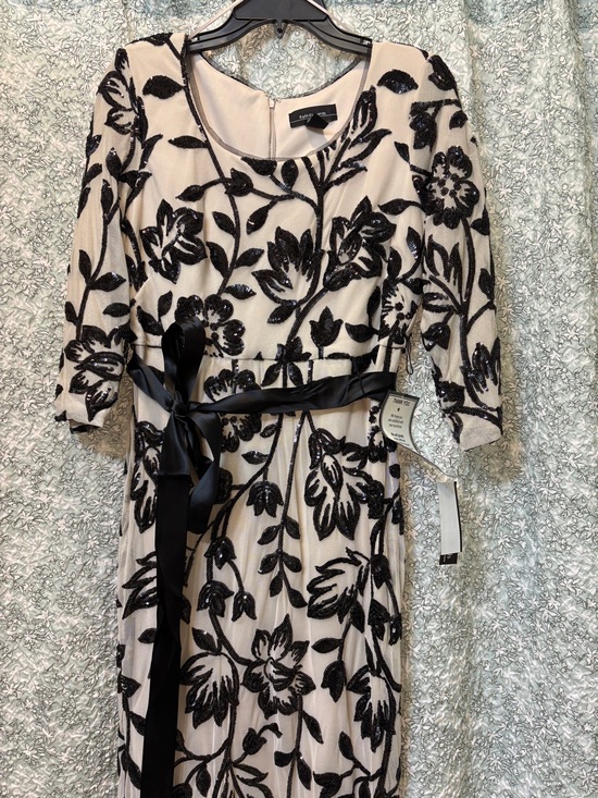 R&M Richards Dresses & Skirts - R&M Richards Cream Dress with Black Sequin Floral Embroidery and Satin Sash